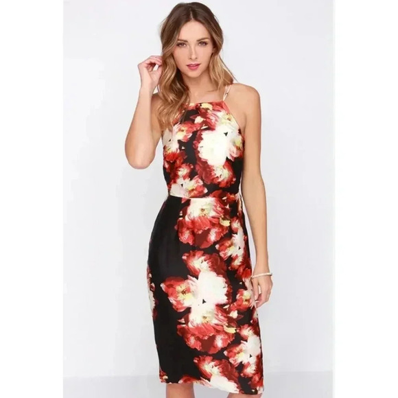 {Lulu's} Adelyne Rae Front Rose Seats Black and Red Floral Print Midi Dress - Picture 1 of 17